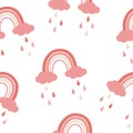 Seamless pattern colorful stylized rainbow clouds raindrops pink coral and beige pastel shades vector illustration